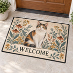 Calico Cat Companion Welcome Mat with dimensional printed themed artwork; representative AI-generated mockup.