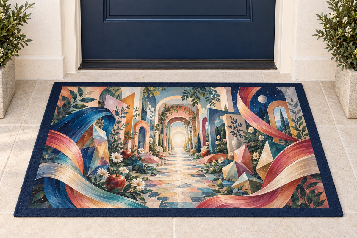 Chromatic Imagination Atelier Welcome Mat with dimensional printed themed artwork; representative AI-generated mockup.