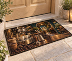 Espresso Corner Welcome Mat with dimensional printed themed artwork; representative AI-generated mockup.