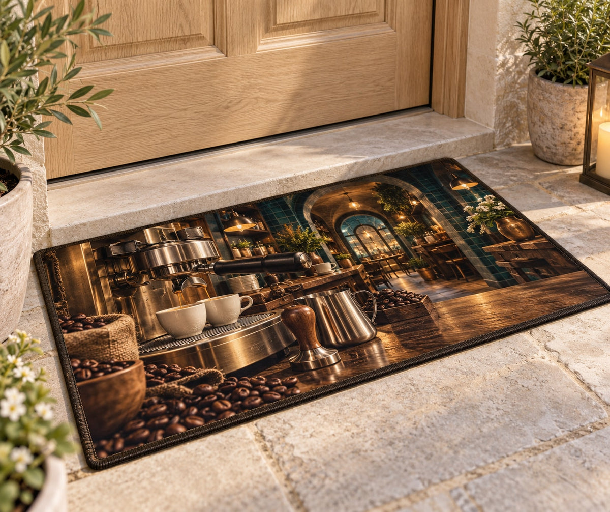 Espresso Corner Welcome Mat with dimensional printed themed artwork; representative AI-generated mockup.