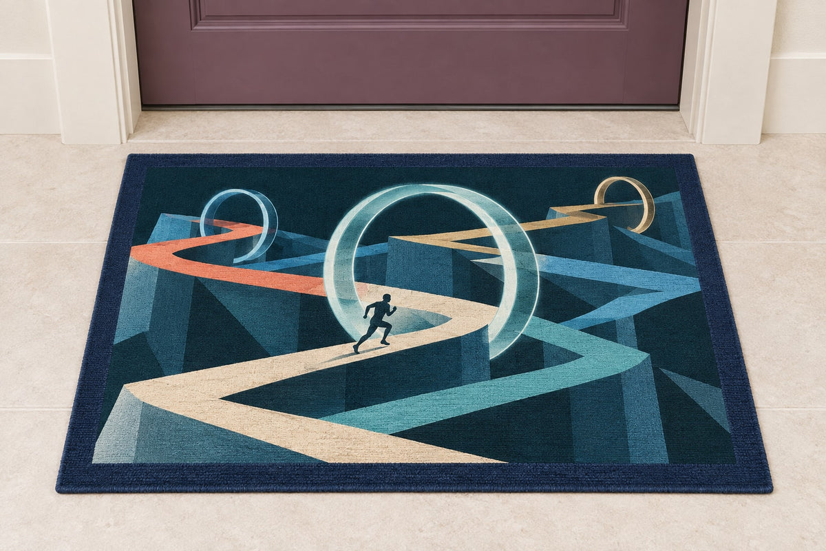 Ridgepulse Strata Passage Welcome Mat with dimensional printed themed artwork; representative AI-generated mockup.