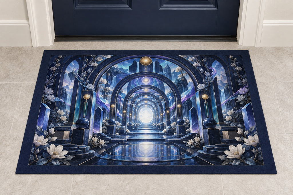 Logic Aurora Nexus Welcome Mat with dimensional printed themed artwork; representative AI-generated mockup.