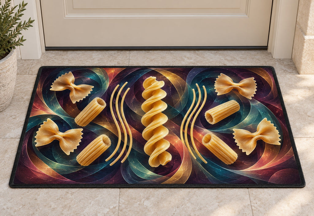 Pasta Form Parallax Welcome Mat with dimensional printed themed artwork; representative AI-generated mockup.