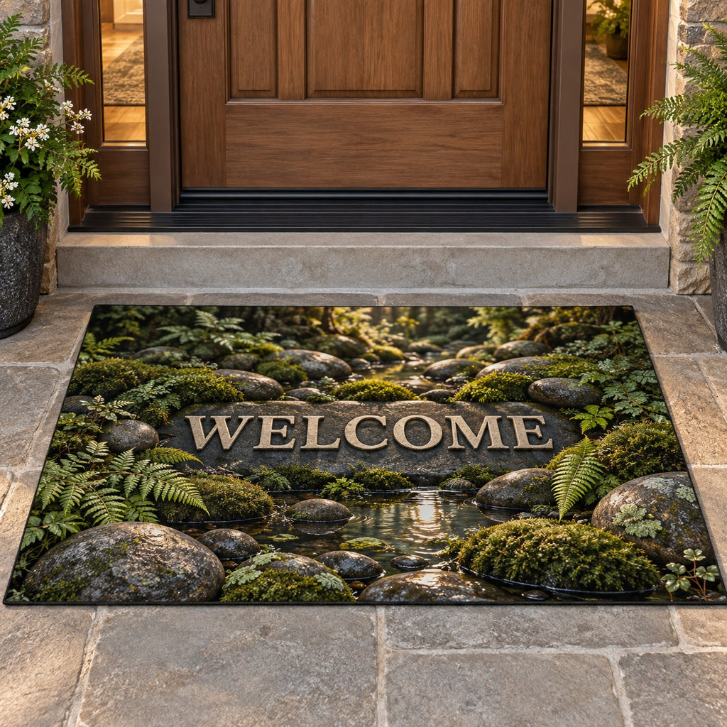 Moss and Stones Welcome Mat with dimensional printed themed artwork; representative AI-generated mockup.