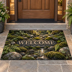 Moss and Stones Welcome Mat with dimensional printed themed artwork; representative AI-generated mockup.