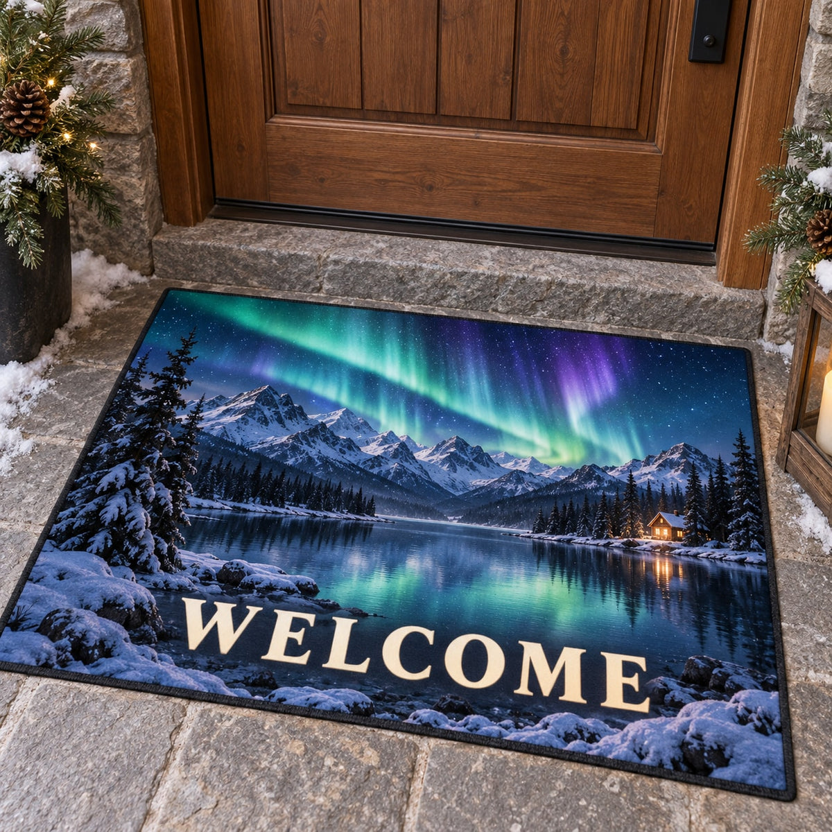 Northern Lights Welcome Mat with dimensional printed themed artwork; representative AI-generated mockup.