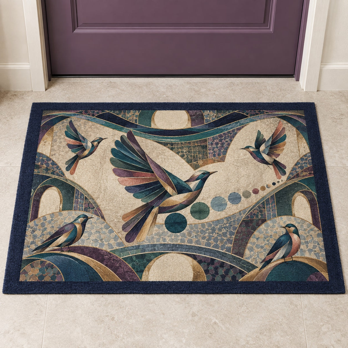 Dawn Chorus Observatory Welcome Mat with dimensional printed themed artwork; representative AI-generated mockup.