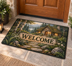 Woodland Cottage Welcome Mat with dimensional printed themed artwork; representative AI-generated mockup.