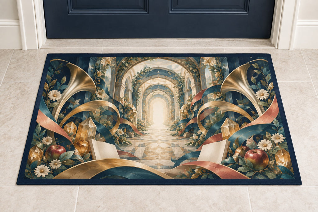 Resonant Harmony Conservatory Welcome Mat with dimensional printed themed artwork; representative AI-generated mockup.