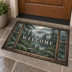 Rainy Forest Window Welcome Mat with dimensional printed themed artwork; representative AI-generated mockup.