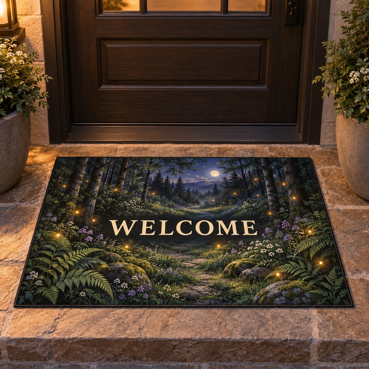 Firefly Clearing Welcome Mat with dimensional printed themed artwork; representative AI-generated mockup.