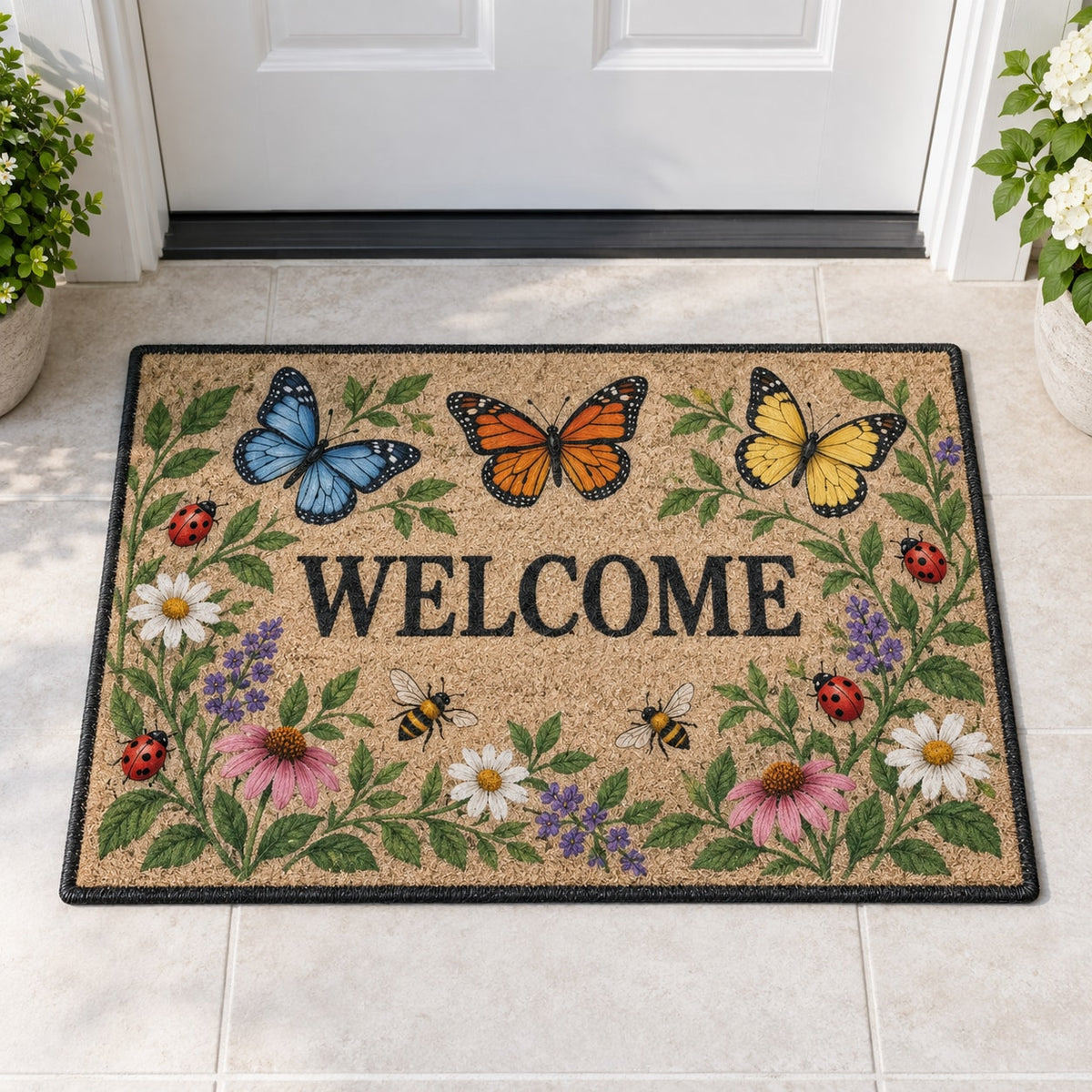 Garden Insect Counting Welcome Mat with dimensional printed themed artwork; representative AI-generated mockup.