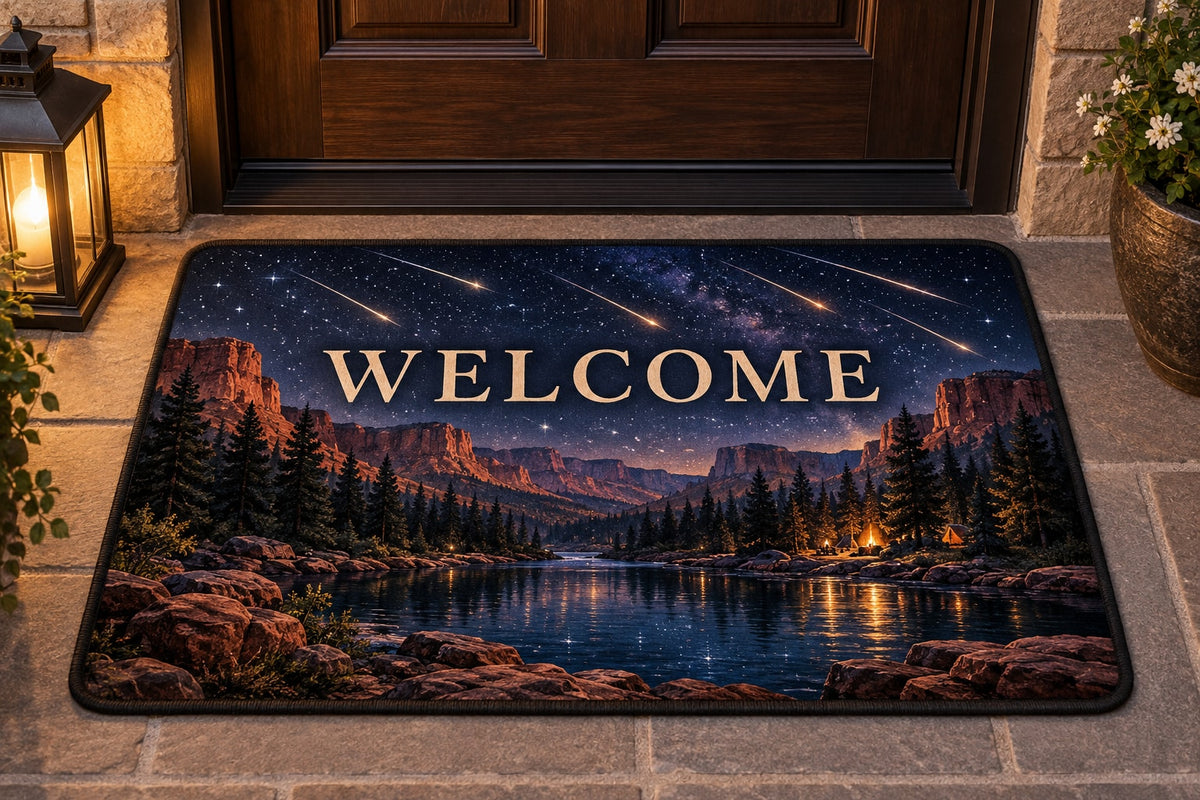 Meteor Shower Welcome Mat with dimensional printed themed artwork; representative AI-generated mockup.
