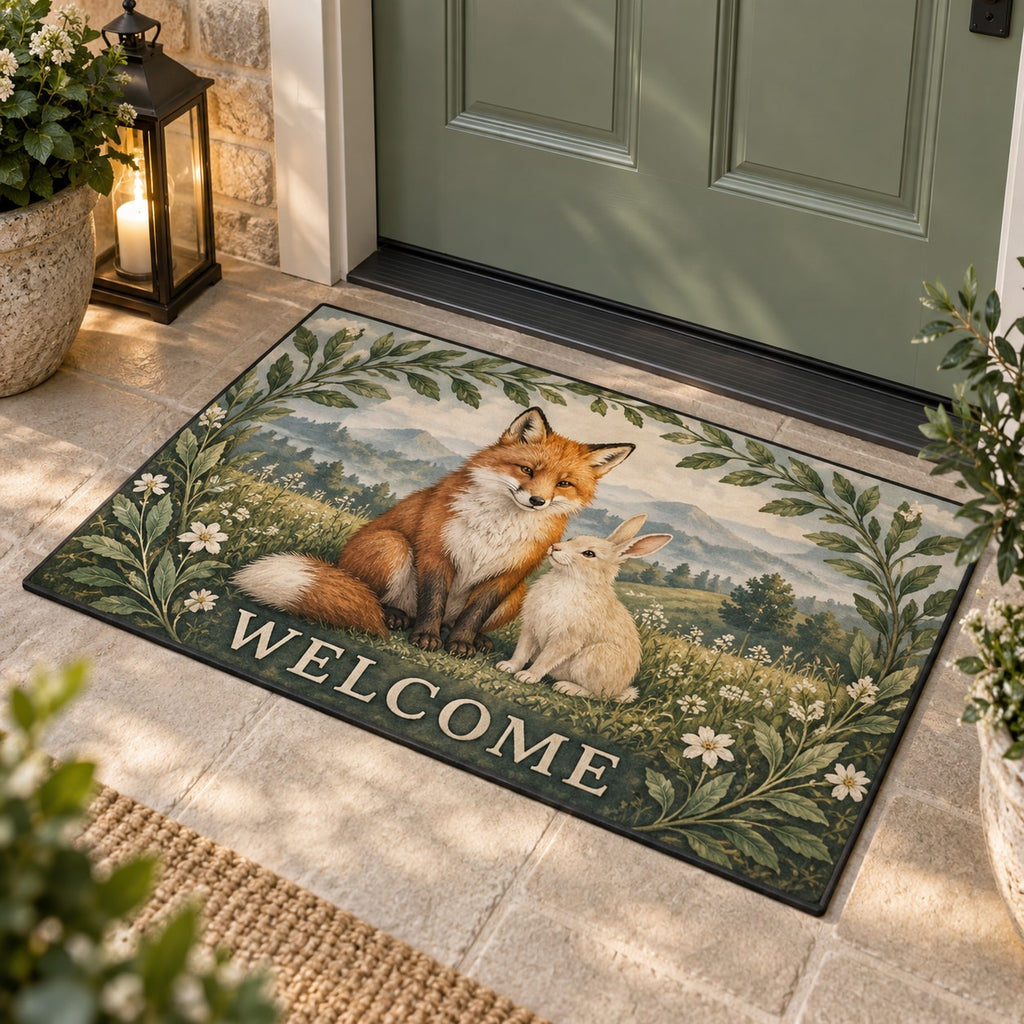 Sage Fox and Bunny Welcome Mat with dimensional printed themed artwork; representative AI-generated mockup.