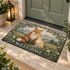 Sage Fox and Bunny Welcome Mat with dimensional printed themed artwork; representative AI-generated mockup.
