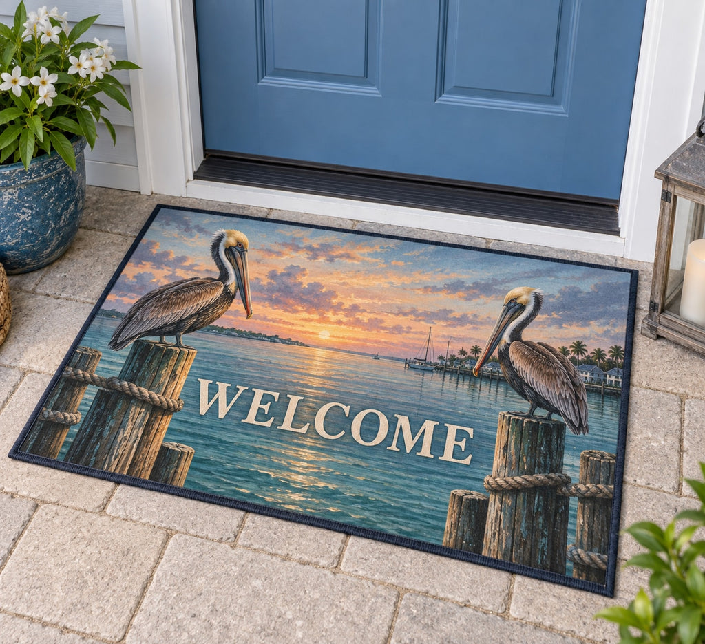 Pelican Dock Welcome Mat with dimensional printed themed artwork; representative AI-generated mockup.