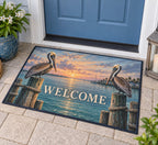 Pelican Dock Welcome Mat with dimensional printed themed artwork; representative AI-generated mockup.