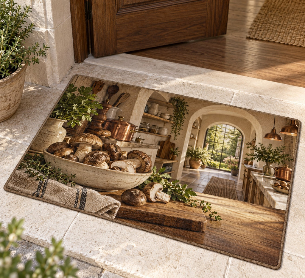 Mushroom Kitchen Study Welcome Mat with dimensional printed themed artwork; representative AI-generated mockup.
