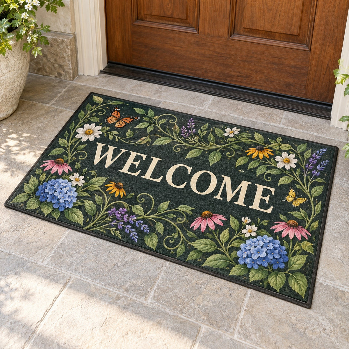 Alphabet Garden Welcome Mat with dimensional printed themed artwork; representative AI-generated mockup.