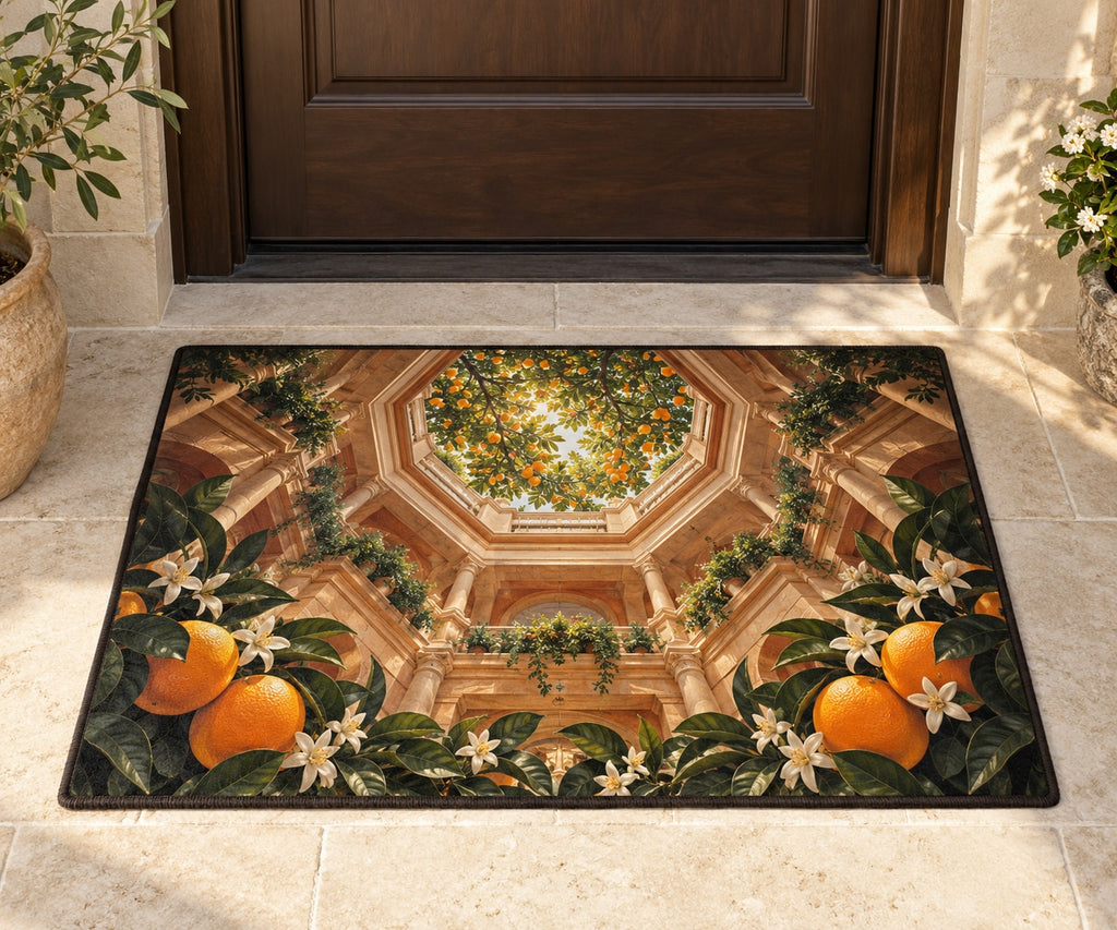 Orange Grove Kitchen Welcome Mat with dimensional printed themed artwork; representative AI-generated mockup.