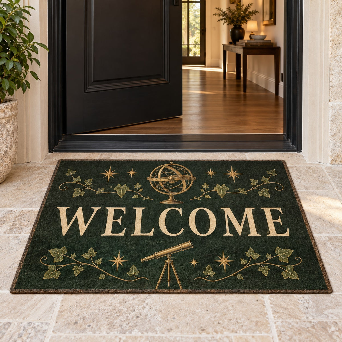 Ancient Observatory Welcome Mat with dimensional printed themed artwork; representative AI-generated mockup.