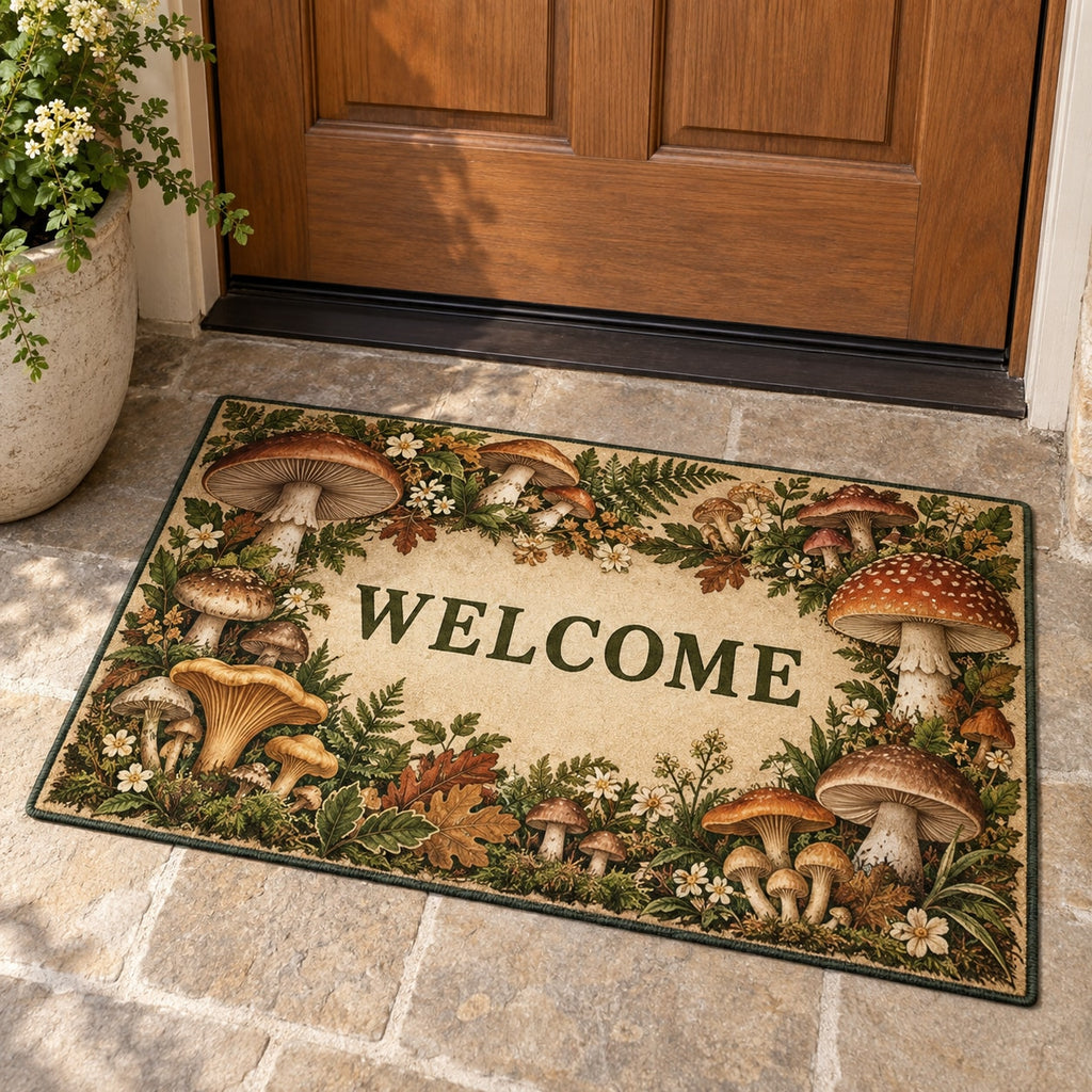 Mushroom Field Journal Welcome Mat with dimensional printed themed artwork; representative AI-generated mockup.
