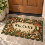 Mushroom Field Journal Welcome Mat with dimensional printed themed artwork; representative AI-generated mockup.