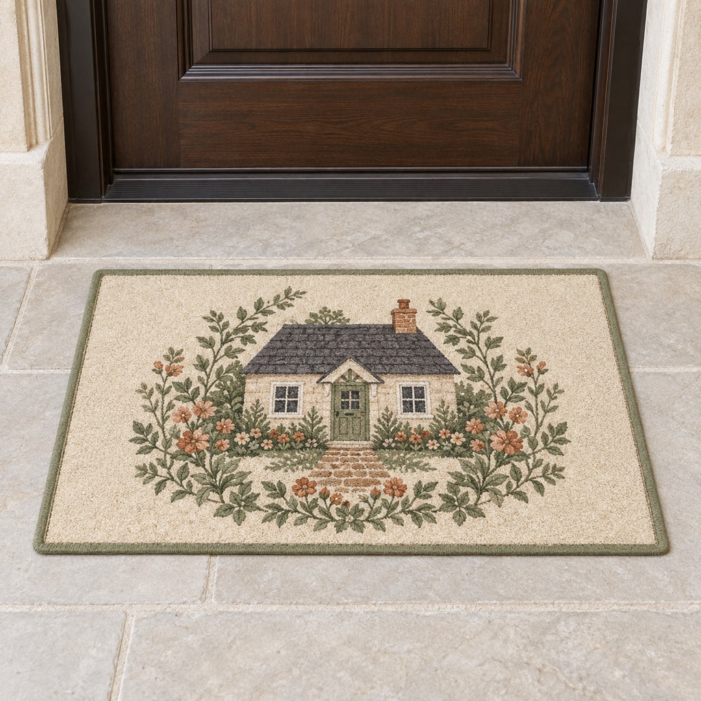 Cottage Garden House Portrait Welcome Mat with dimensional printed themed artwork; representative AI-generated mockup.