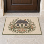 Cottage Garden House Portrait Welcome Mat with dimensional printed themed artwork; representative AI-generated mockup.