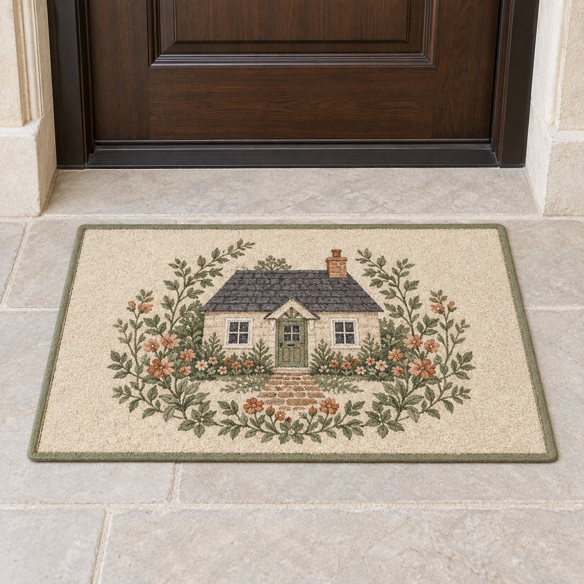 Cottage Garden House Portrait Welcome Mat with dimensional printed themed artwork; representative AI-generated mockup.