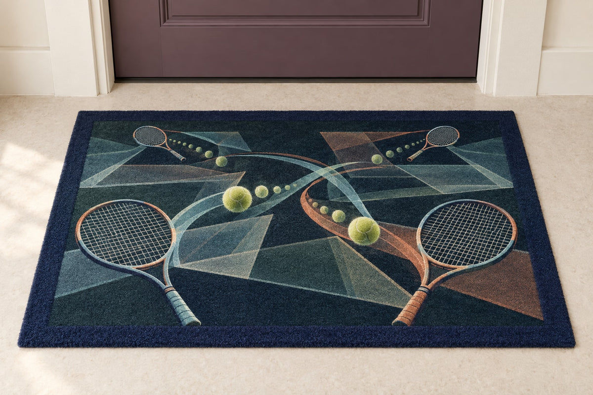 Doubles Rally Labyrinth Welcome Mat with dimensional printed themed artwork; representative AI-generated mockup.