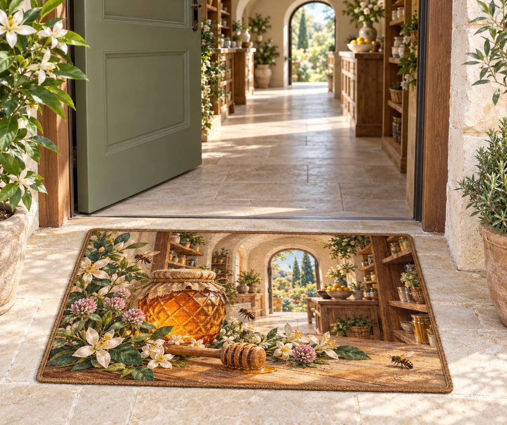 Honey Harvest Pantry Welcome Mat with dimensional printed themed artwork; representative AI-generated mockup.