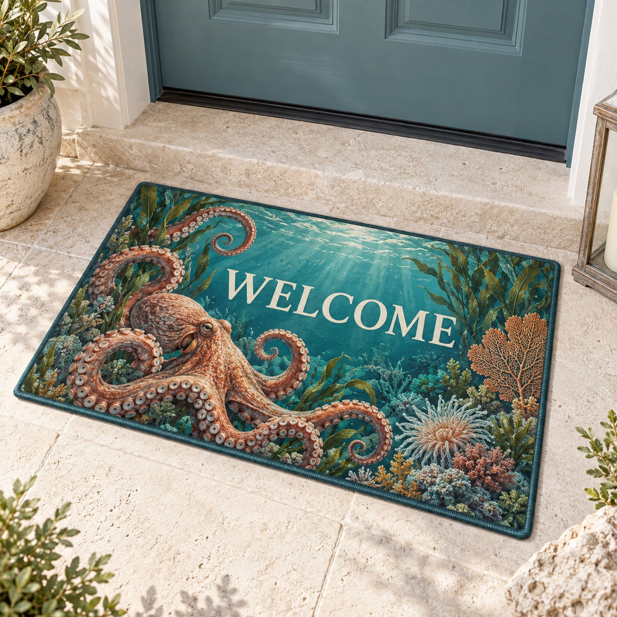 Octopus Garden Welcome Mat with dimensional printed themed artwork; representative AI-generated mockup.