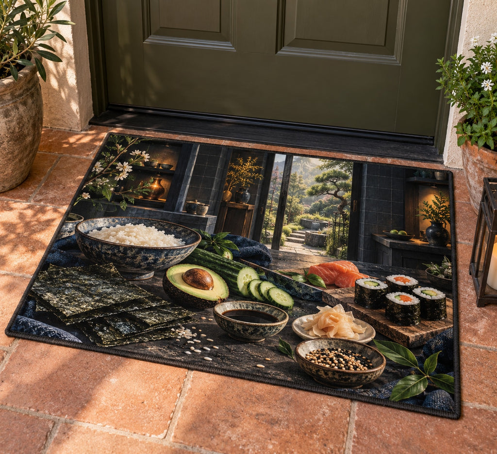 Sushi Ingredient Study Welcome Mat with dimensional printed themed artwork; representative AI-generated mockup.