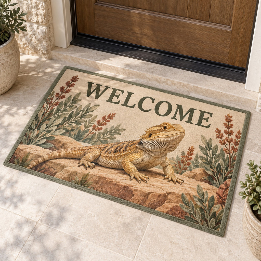 Bearded Dragon Companion Welcome Mat with dimensional printed themed artwork; representative AI-generated mockup.