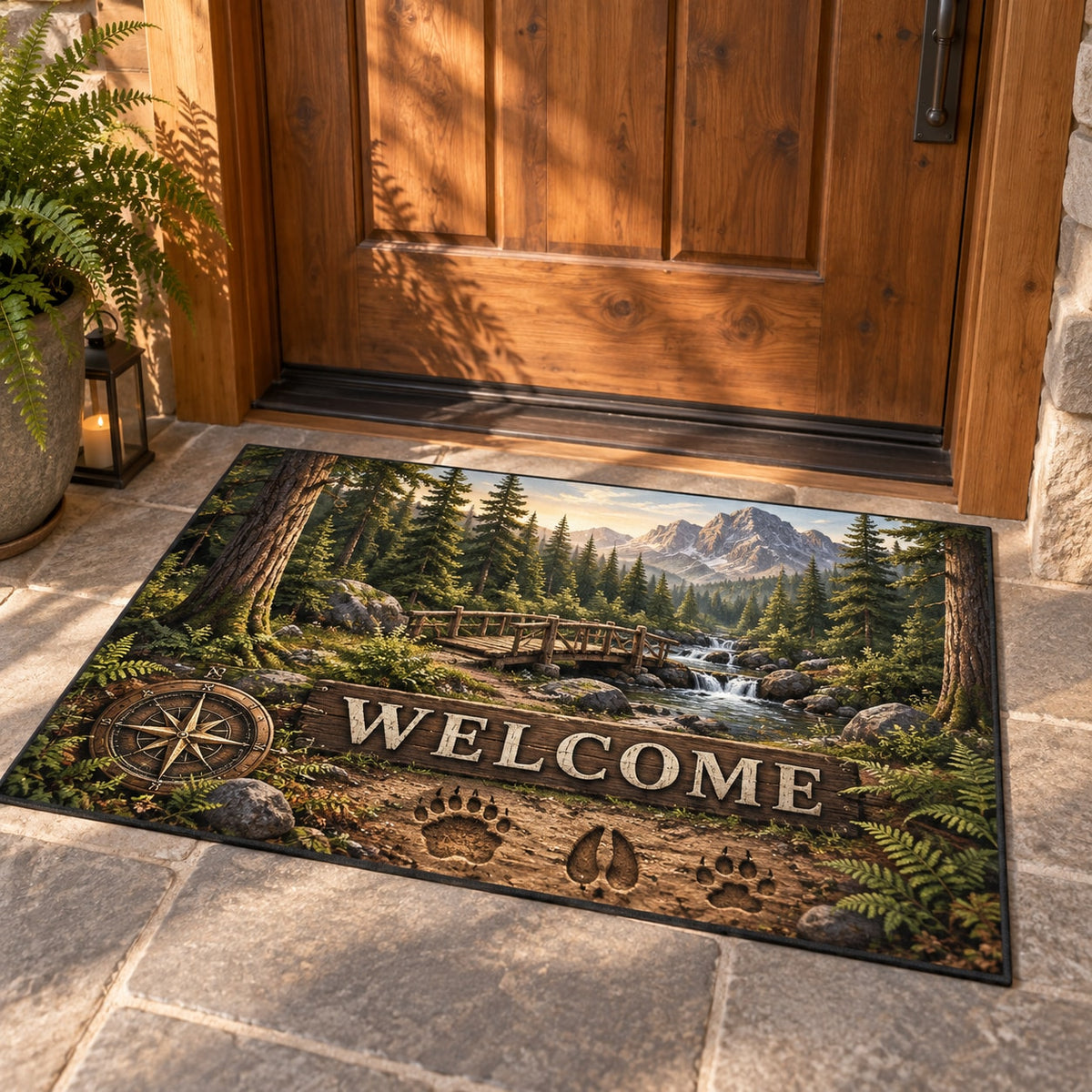 Forest Adventure Map Welcome Mat with dimensional printed themed artwork; representative AI-generated mockup.