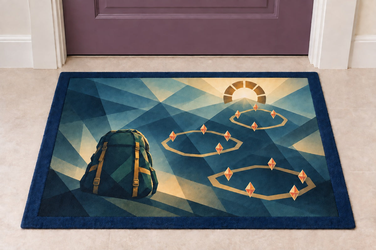 Wayglass Expedition Passage Welcome Mat with dimensional printed themed artwork; representative AI-generated mockup.