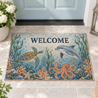Ocean Animal Alphabet Welcome Mat with dimensional printed themed artwork; representative AI-generated mockup.