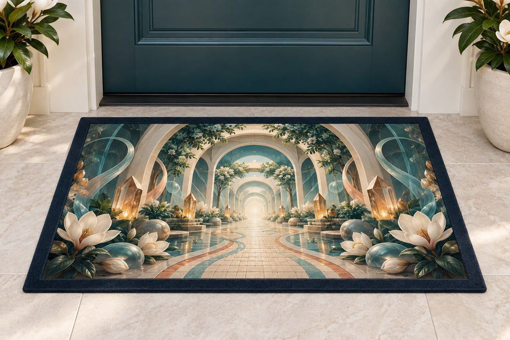 Voice Bloom Resonance Atrium Welcome Mat with dimensional printed themed artwork; representative AI-generated mockup.