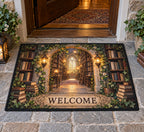 Enchanted Library Arch Welcome Mat with dimensional printed themed artwork; representative AI-generated mockup.