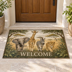 Safari Animal Parade Welcome Mat with dimensional printed themed artwork; representative AI-generated mockup.
