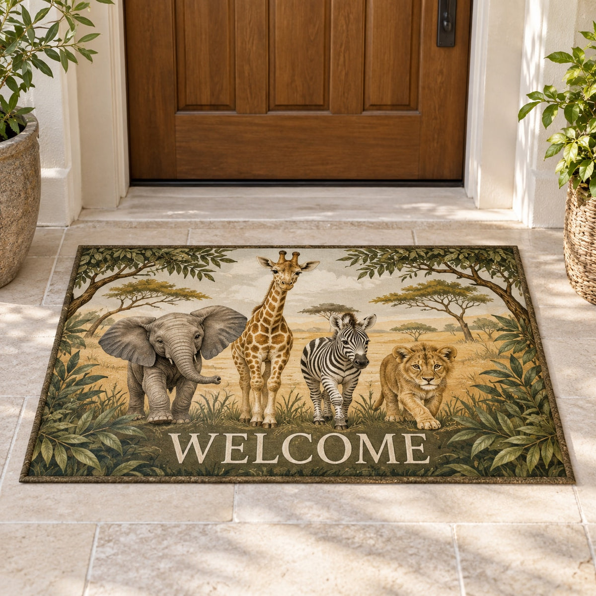 Safari Animal Parade Welcome Mat with dimensional printed themed artwork; representative AI-generated mockup.