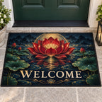 Red Lotus Mandala Welcome Mat with dimensional printed themed artwork; representative AI-generated mockup.