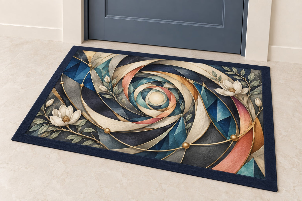Compassion Bridge Atrium Welcome Mat with dimensional printed themed artwork; representative AI-generated mockup.