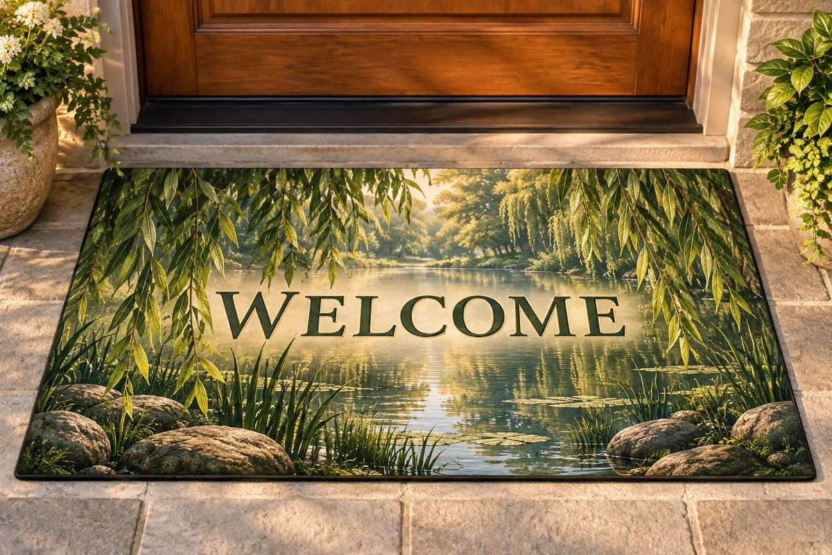 Willow Pond Welcome Mat with dimensional printed themed artwork; representative AI-generated mockup.