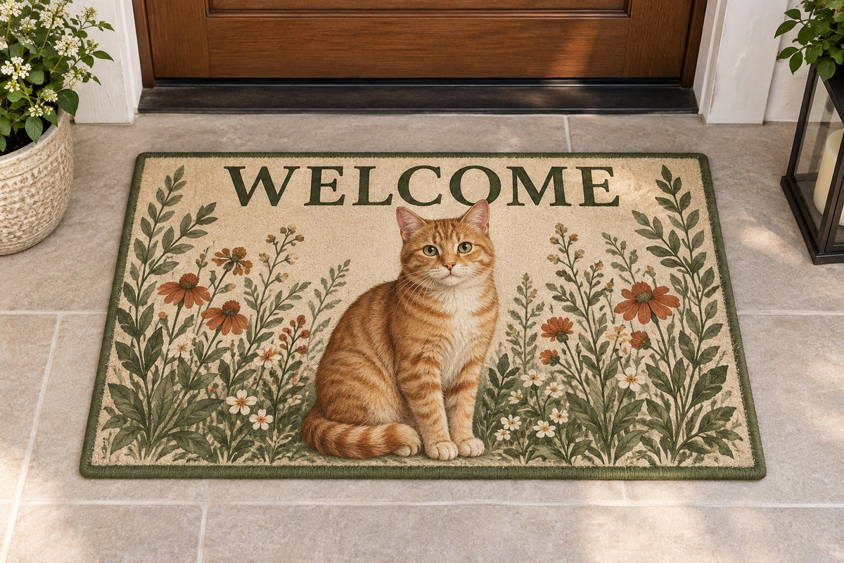 Orange Tabby Cat Companion Welcome Mat with dimensional printed themed artwork; representative AI-generated mockup.