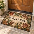 Pressed Woodland Leaves Welcome Mat with dimensional printed themed artwork; representative AI-generated mockup.