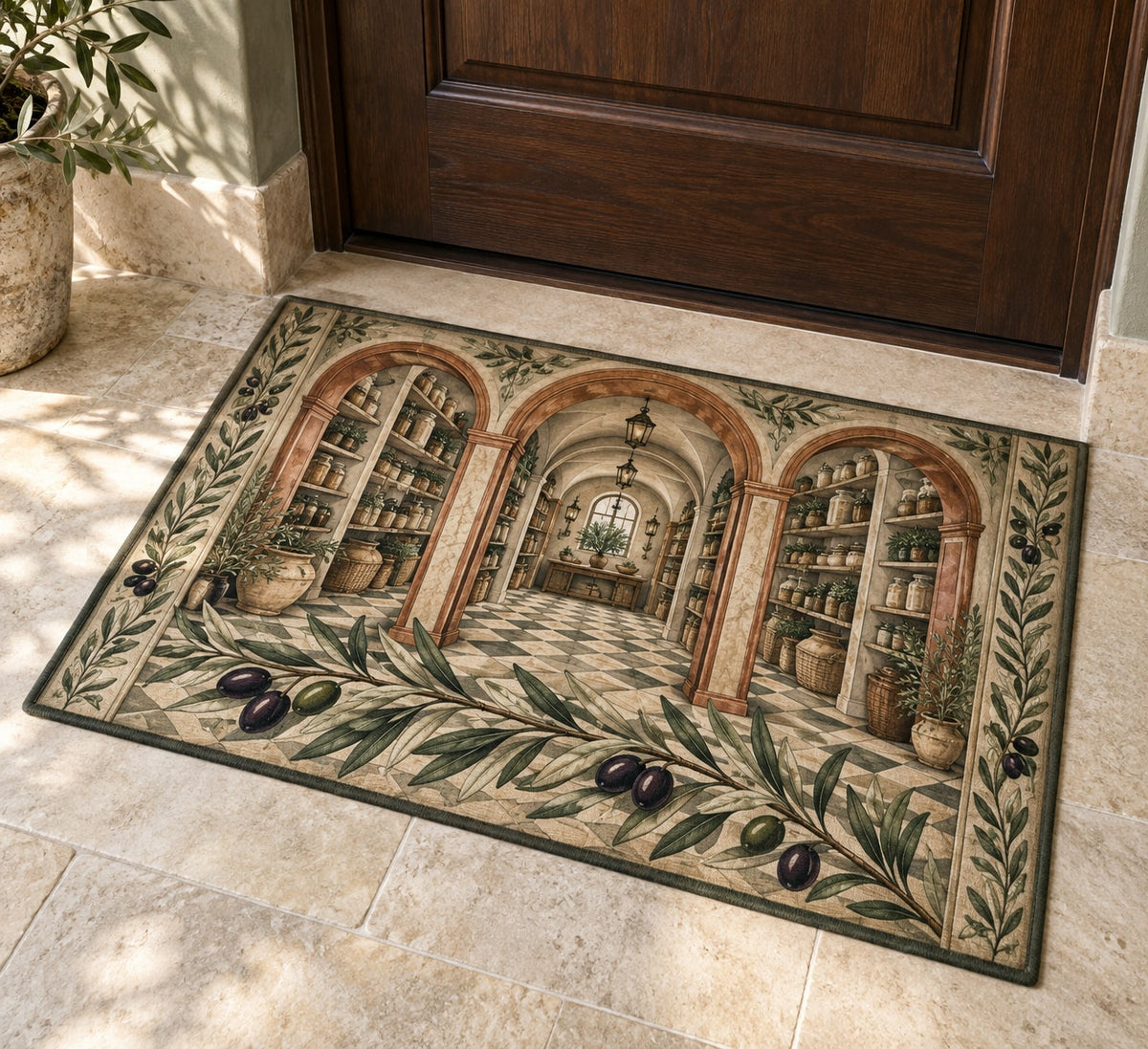 Olive Branch Pantry Welcome Mat with dimensional printed themed artwork; representative AI-generated mockup.