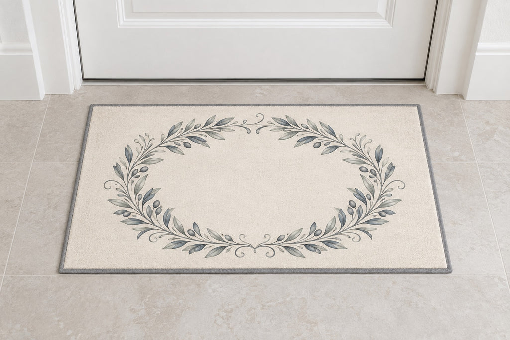Silver Anniversary Olive Halo Welcome Mat with dimensional printed themed artwork; representative AI-generated mockup.