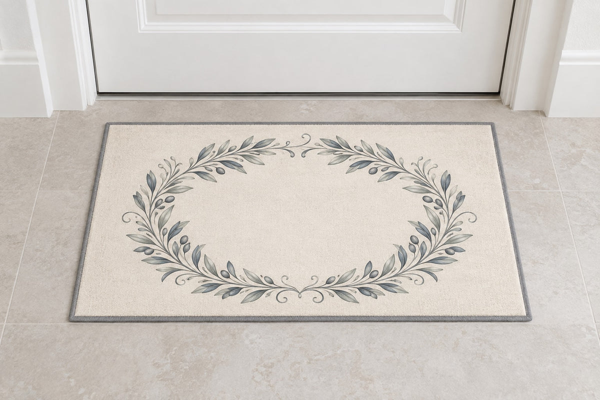 Silver Anniversary Olive Halo Welcome Mat with dimensional printed themed artwork; representative AI-generated mockup.